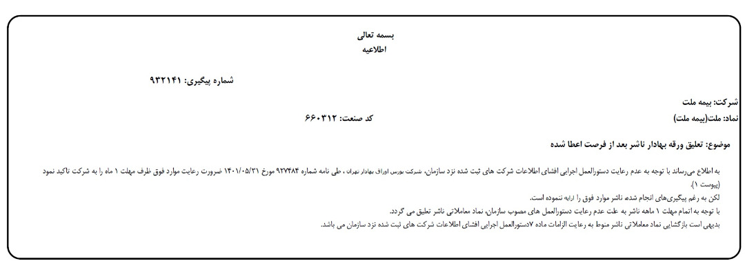 نامه تعلیق سهام بیمه ملت